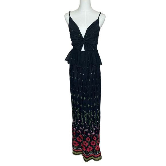 Sabina Musayev Black Pleated Gown SMALL Tiered Maxi Dress Floral Cut Out $430 - Picture 7 of 11